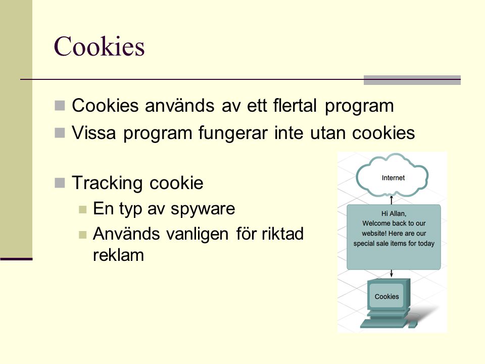 Cookies  Cookies används av ett flertal program  Vissa program fungerar inte utan cookies  Tracking cookie  En typ av spyware  Används vanligen för riktad reklam