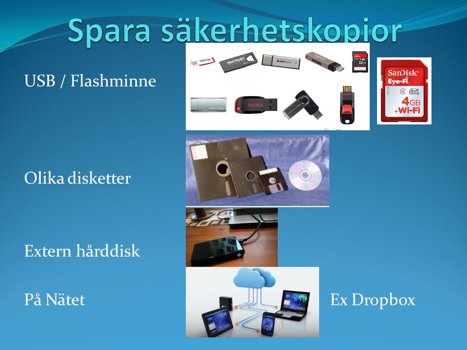 USB / Flashminne Olika disketter Extern hårddisk På Nätet Ex Dropbox