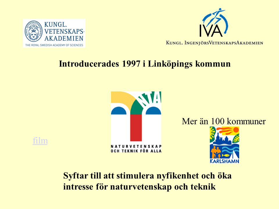 Mer än 100 kommuner Introducerades 1997 i Linköpings kommun Syftar till att stimulera nyfikenhet och öka intresse för naturvetenskap och teknik film