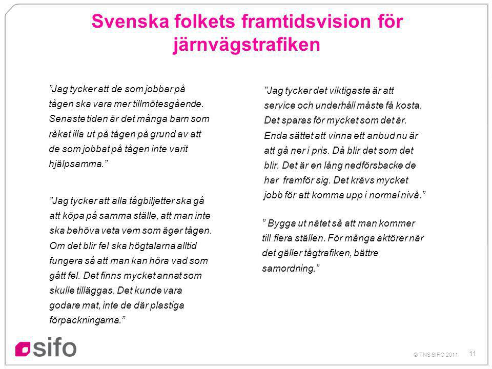 11 © TNS SIFO 2011 Svenska folkets framtidsvision för järnvägstrafiken Jag tycker att de som jobbar på tågen ska vara mer tillmötesgående.