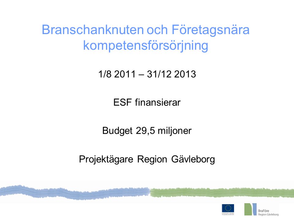 1/ – 31/ ESF finansierar Budget 29,5 miljoner Projektägare Region Gävleborg Branschanknuten och Företagsnära kompetensförsörjning