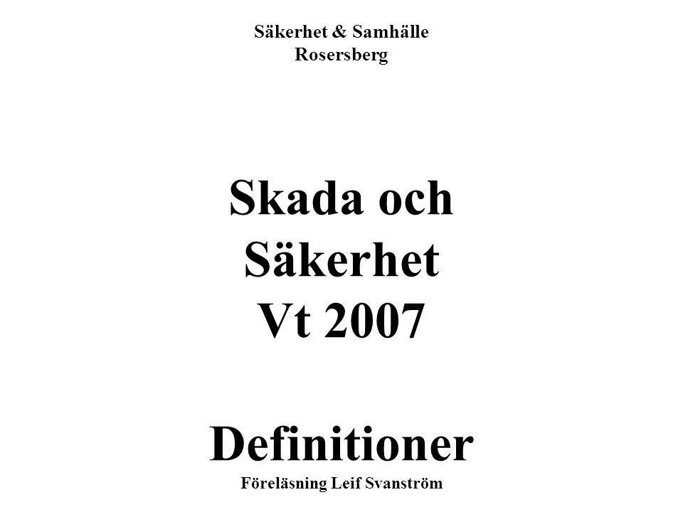 1 Säkerhet & Samhälle Rosersberg Skada och Säkerhet Vt 2007 Definitioner Föreläsning Leif Svanström
