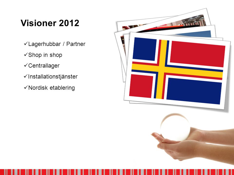 Visioner 2012  Lagerhubbar / Partner  Shop in shop  Centrallager  Installationstjänster  Nordisk etablering