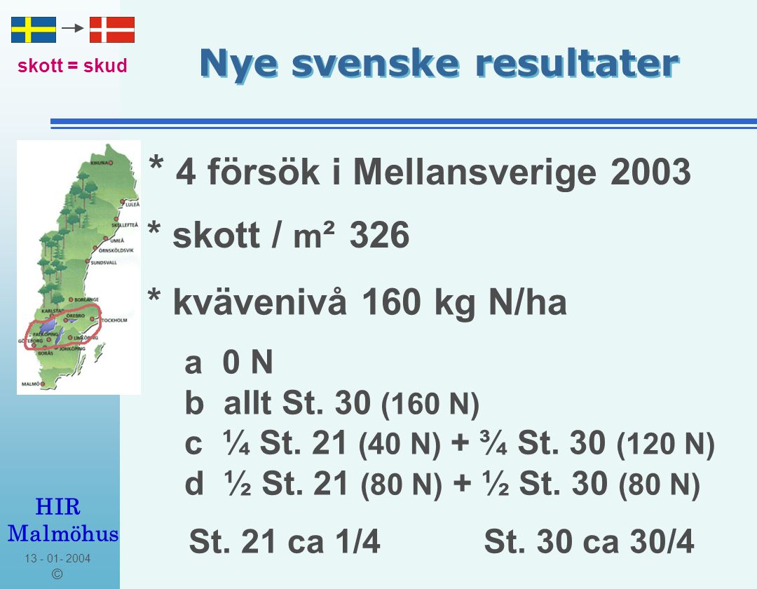 © HIR Malmöhus Nye svenske resultater * 4 försök i Mellansverige 2003 * skott / m ² 326 * kvävenivå 160 kg N/ha a 0 N b allt St.