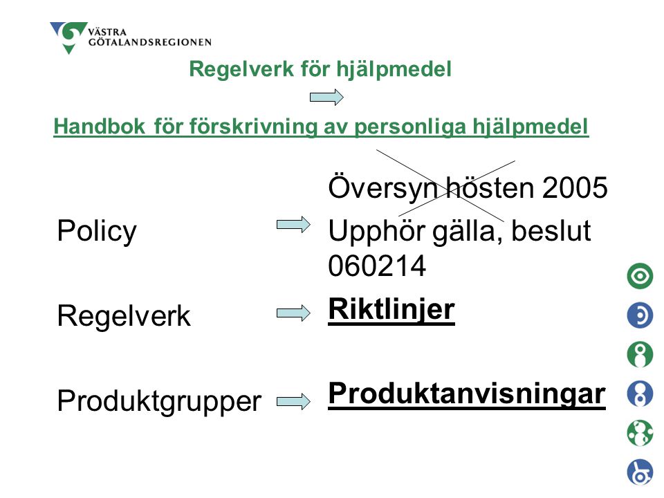 Regelverk för hjälpmedel Handbok för förskrivning av personliga hjälpmedel Policy Regelverk Produktgrupper Översyn hösten 2005 Upphör gälla, beslut Riktlinjer Produktanvisningar