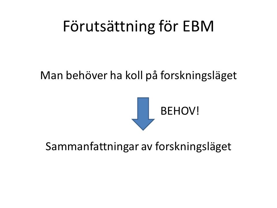 Förutsättning för EBM Man behöver ha koll på forskningsläget BEHOV.