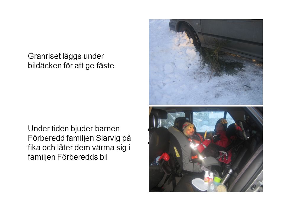 Granriset läggs under bildäcken för att ge fäste •Bild i bilen med fika •Barn.