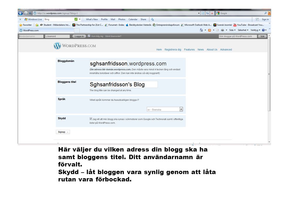 Här väljer du vilken adress din blogg ska ha samt bloggens titel.