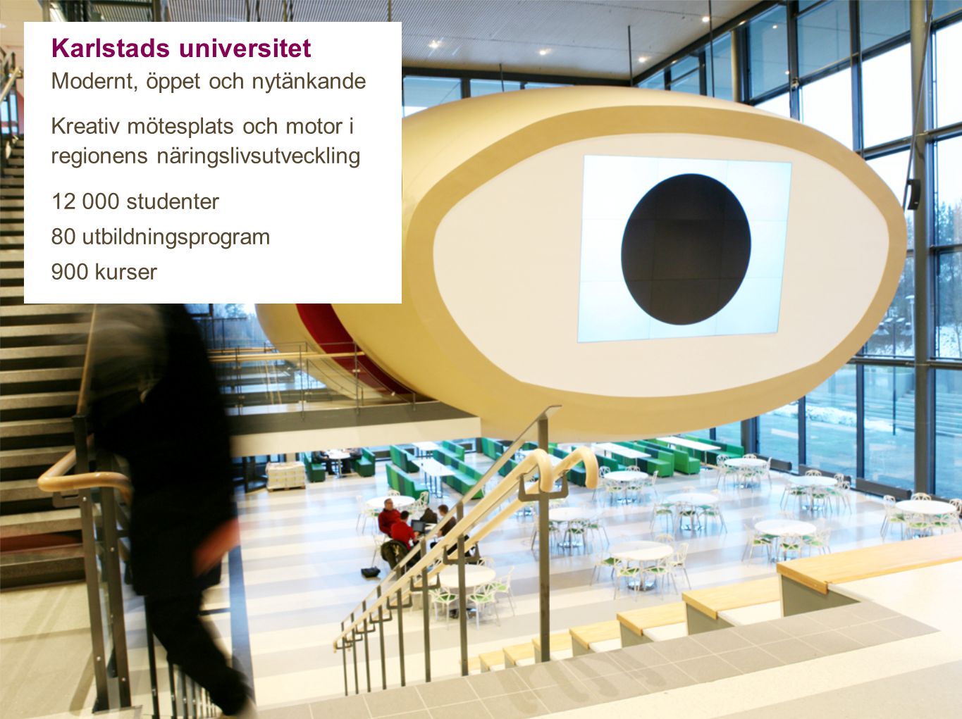 Karlstads universitet Modernt, öppet och nytänkande Kreativ mötesplats och motor i regionens näringslivsutveckling studenter 80 utbildningsprogram 900 kurser