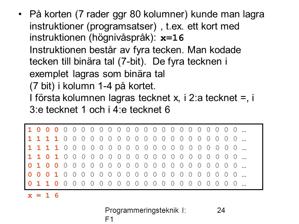 Programmeringsteknik I: F1 24 •På korten (7 rader ggr 80 kolumner) kunde man lagra instruktioner (programsatser), t.ex.