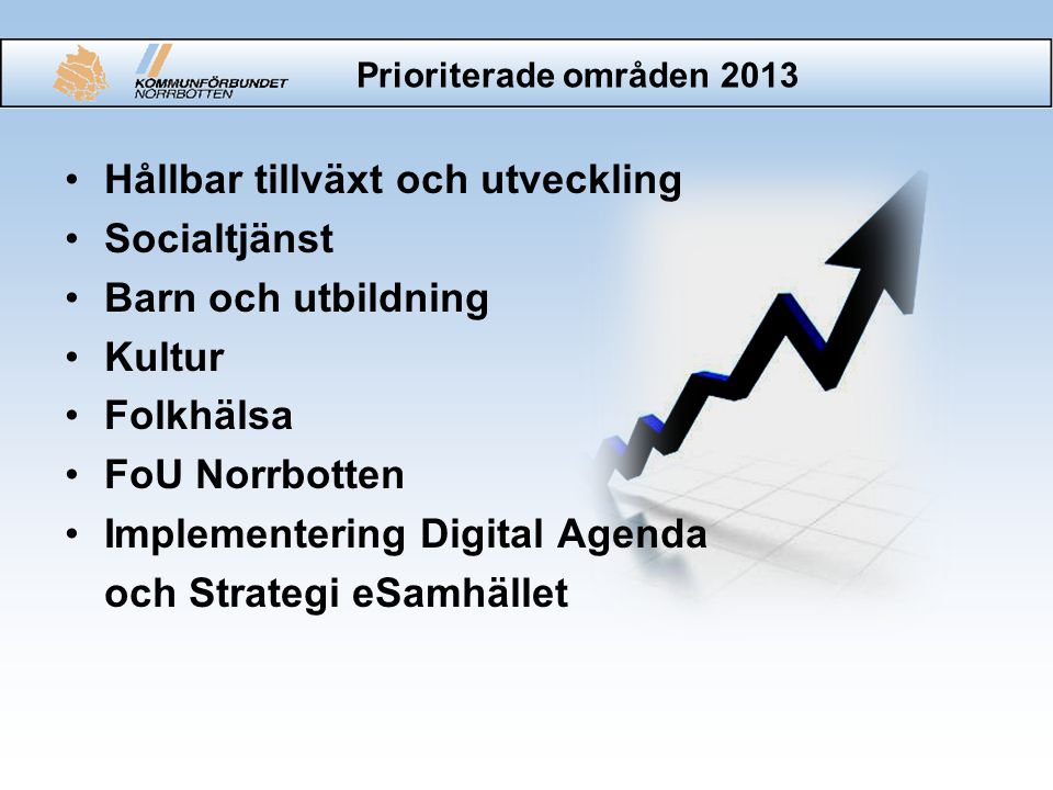 Prioriterade områden 2013 •Hållbar tillväxt och utveckling •Socialtjänst •Barn och utbildning •Kultur •Folkhälsa •FoU Norrbotten •Implementering Digital Agenda och Strategi eSamhället
