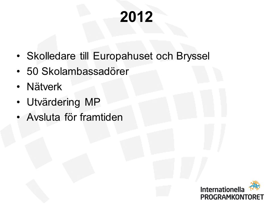 2012 •Skolledare till Europahuset och Bryssel •50 Skolambassadörer •Nätverk •Utvärdering MP •Avsluta för framtiden