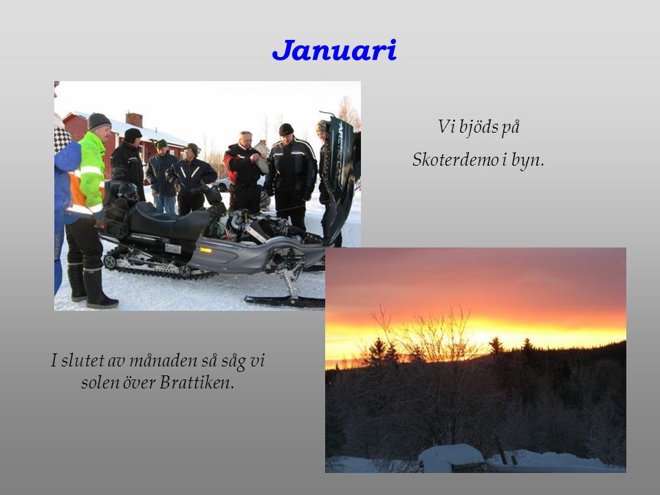 Januari Vi bjöds på Skoterdemo i byn. I slutet av månaden så såg vi solen över Brattiken.
