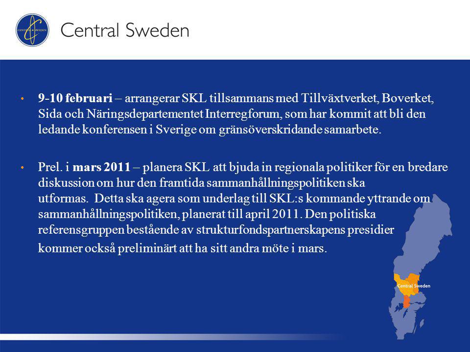 9-10 februari – arrangerar SKL tillsammans med Tillväxtverket, Boverket, Sida och Näringsdepartementet Interregforum, som har kommit att bli den ledande konferensen i Sverige om gränsöverskridande samarbete.