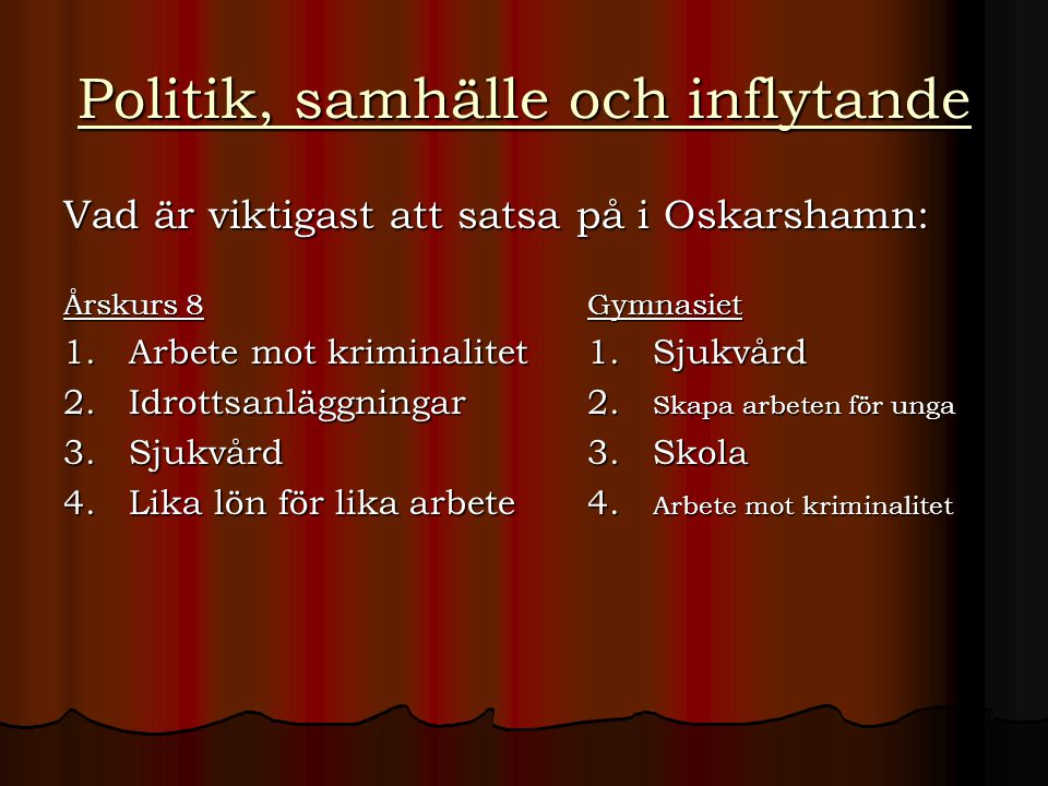 Politik, samhälle och inflytande Vad är viktigast att satsa på i Oskarshamn: Årskurs 8Gymnasiet 1.
