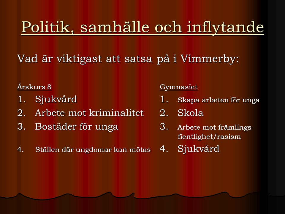 Politik, samhälle och inflytande Vad är viktigast att satsa på i Vimmerby: Årskurs 8Gymnasiet 1.