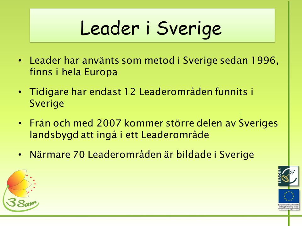 Leader i Sverige • Leader har använts som metod i Sverige sedan 1996, finns i hela Europa • Tidigare har endast 12 Leaderområden funnits i Sverige • Från och med 2007 kommer större delen av Sveriges landsbygd att ingå i ett Leaderområde • Närmare 70 Leaderområden är bildade i Sverige