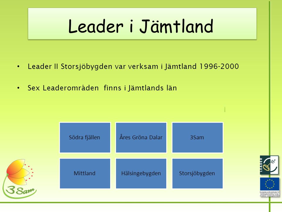 Leader i Jämtland • Leader II Storsjöbygden var verksam i Jämtland • Sex Leaderområden finns i Jämtlands län Södra fjällenÅres Gröna Dalar3Sam MittlandHälsingebygdenStorsjöbygden