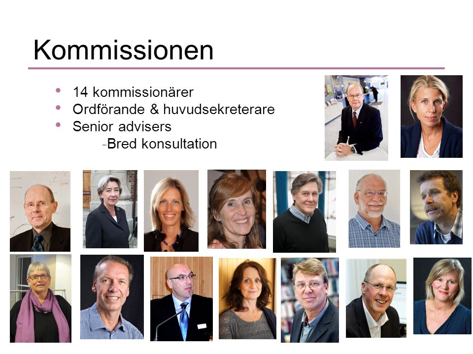 Kommissionen • 14 kommissionärer • Ordförande & huvudsekreterare • Senior advisers -Bred konsultation