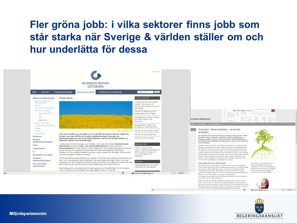 Miljödepartementet Fler gröna jobb: i vilka sektorer finns jobb som står starka när Sverige & världen ställer om och hur underlätta för dessa