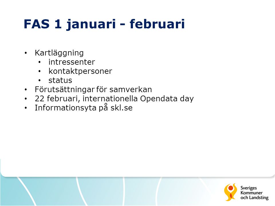 FAS 1 januari - februari • Kartläggning • intressenter • kontaktpersoner • status • Förutsättningar för samverkan • 22 februari, internationella Opendata day • Informationsyta på skl.se