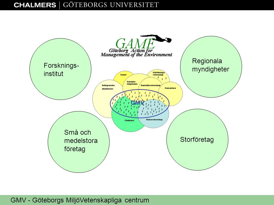 GMV - Göteborgs MiljöVetenskapliga centrum GMV Regionala myndigheter Forsknings- institut Små och medelstora företag Storföretag