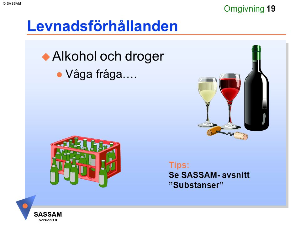 SASSAM Version 1.1 © SASSAM SASSAM Version 2.0 Omgivning 19 Levnadsförhållanden u Alkohol och droger l Våga fråga….