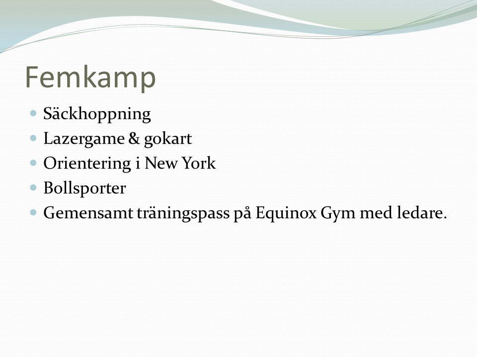Femkamp  Säckhoppning  Lazergame & gokart  Orientering i New York  Bollsporter  Gemensamt träningspass på Equinox Gym med ledare.