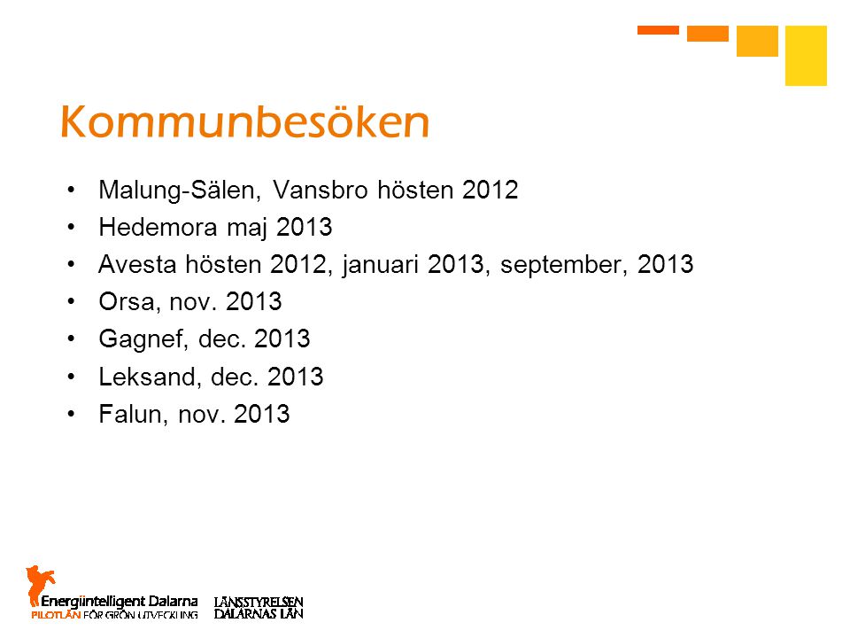 Kommunbesöken •Malung-Sälen, Vansbro hösten 2012 •Hedemora maj 2013 •Avesta hösten 2012, januari 2013, september, 2013 •Orsa, nov.