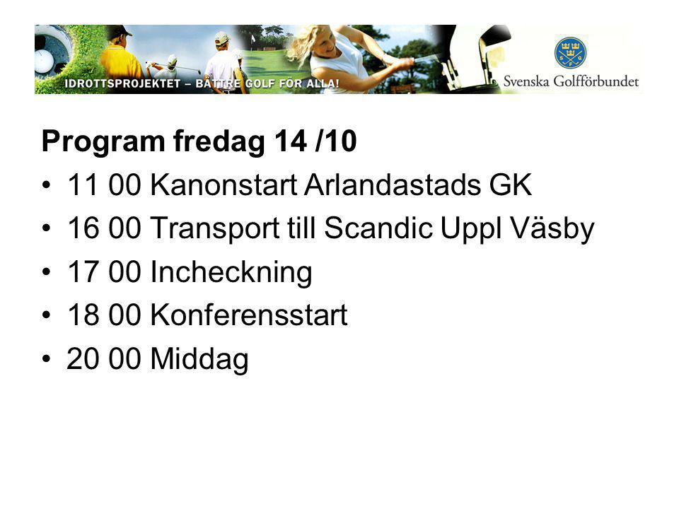 Program fredag 14 /10 •11 00 Kanonstart Arlandastads GK •16 00 Transport till Scandic Uppl Väsby •17 00 Incheckning •18 00 Konferensstart •20 00 Middag