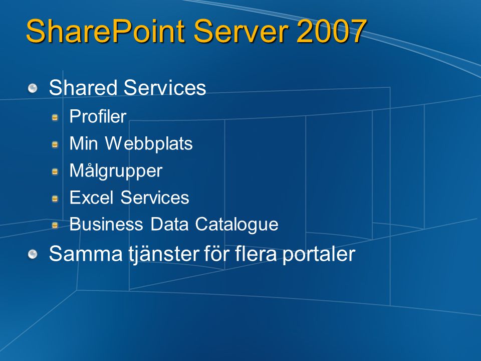 SharePoint Server 2007 Shared Services Profiler Min Webbplats Målgrupper Excel Services Business Data Catalogue Samma tjänster för flera portaler