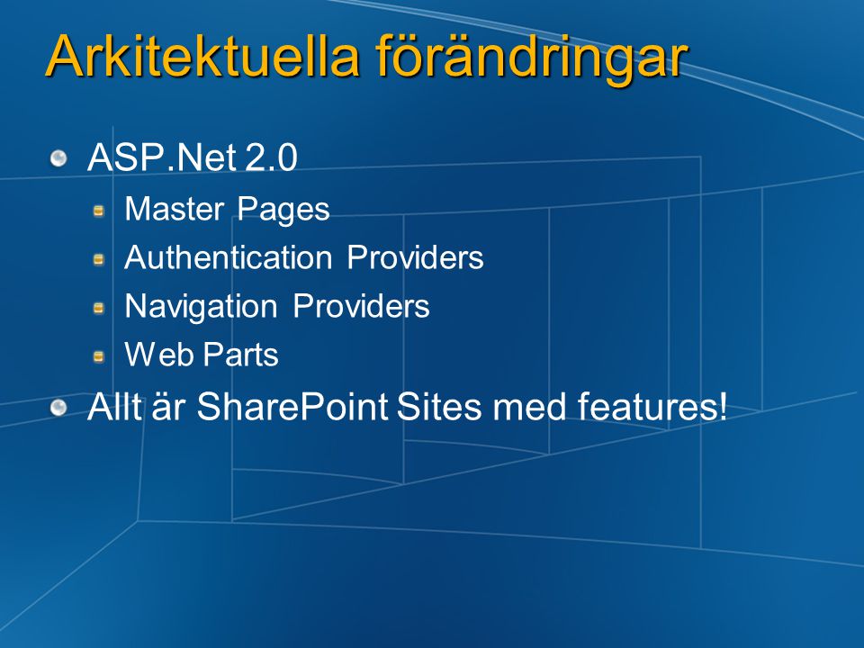 Arkitektuella förändringar ASP.Net 2.0 Master Pages Authentication Providers Navigation Providers Web Parts Allt är SharePoint Sites med features!