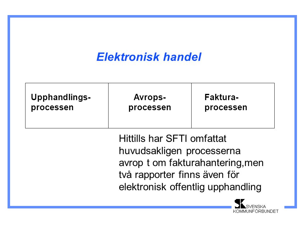 Elektronisk handel Upphandlings- processen Avrops- processen Faktura- processen Hittills har SFTI omfattat huvudsakligen processerna avrop t om fakturahantering,men två rapporter finns även för elektronisk offentlig upphandling