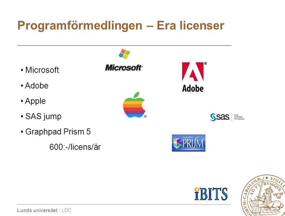 Lunds universitet / LDC • Microsoft • Adobe • Apple • SAS jump • Graphpad Prism 5 600:-/licens/år Programförmedlingen – Era licenser