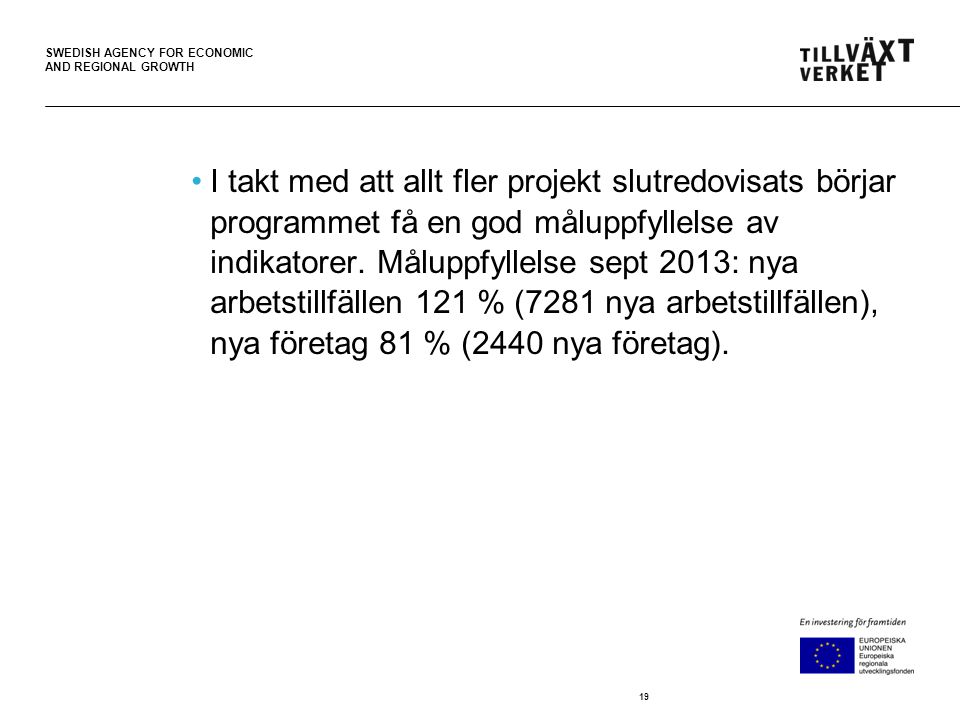 SWEDISH AGENCY FOR ECONOMIC AND REGIONAL GROWTH •I takt med att allt fler projekt slutredovisats börjar programmet få en god måluppfyllelse av indikatorer.