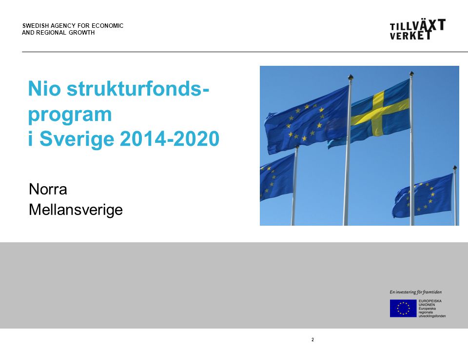 SWEDISH AGENCY FOR ECONOMIC AND REGIONAL GROWTH 2 Nio strukturfonds- program i Sverige Norra Mellansverige