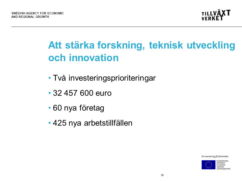SWEDISH AGENCY FOR ECONOMIC AND REGIONAL GROWTH Att stärka forskning, teknisk utveckling och innovation •Två investeringsprioriteringar • euro •60 nya företag •425 nya arbetstillfällen 28