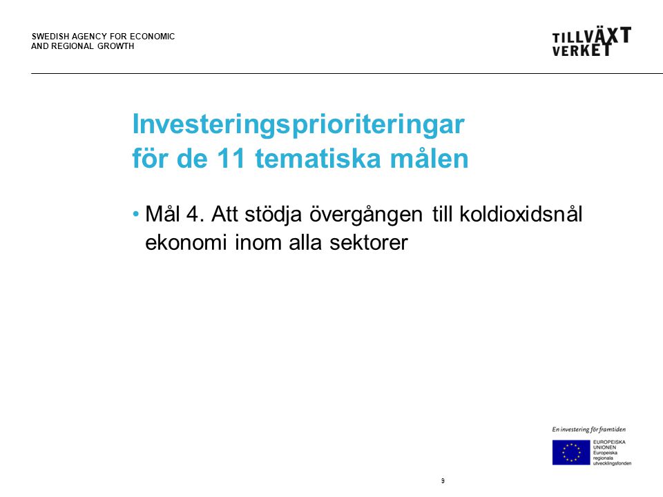 SWEDISH AGENCY FOR ECONOMIC AND REGIONAL GROWTH Investeringsprioriteringar för de 11 tematiska målen •Mål 4.