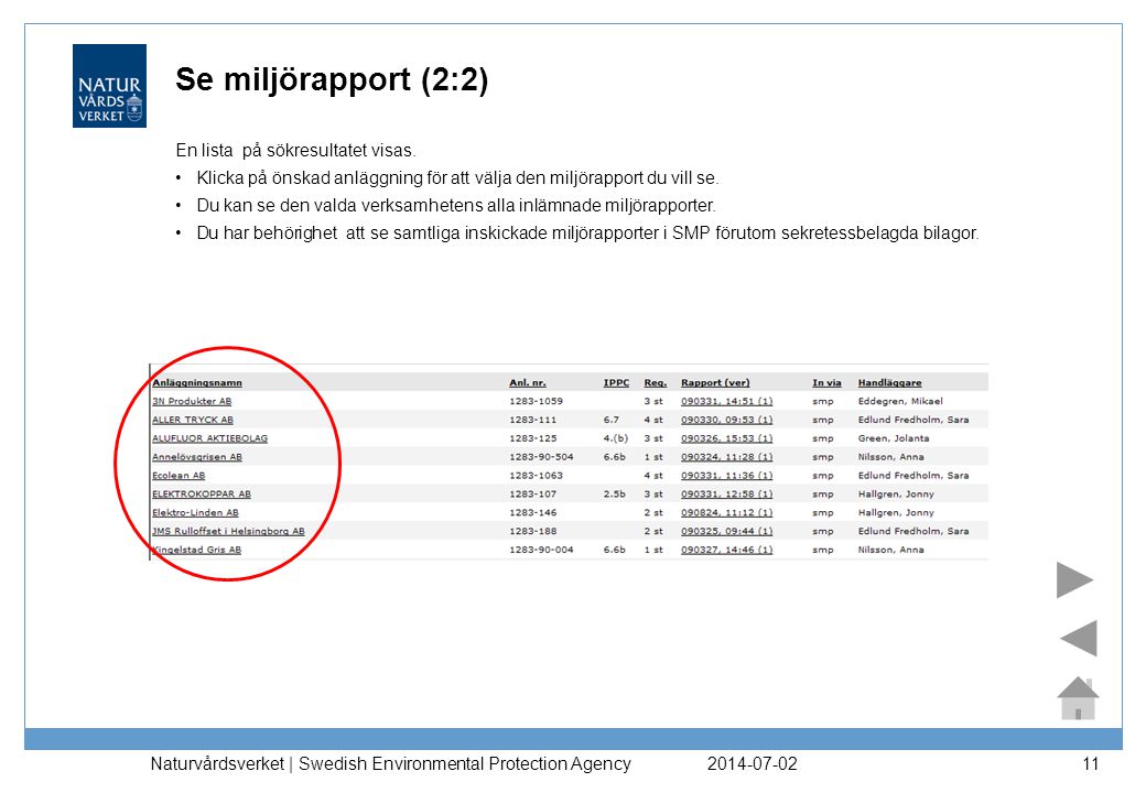 Naturvårdsverket | Swedish Environmental Protection Agency 11 Se miljörapport (2:2) En lista på sökresultatet visas.