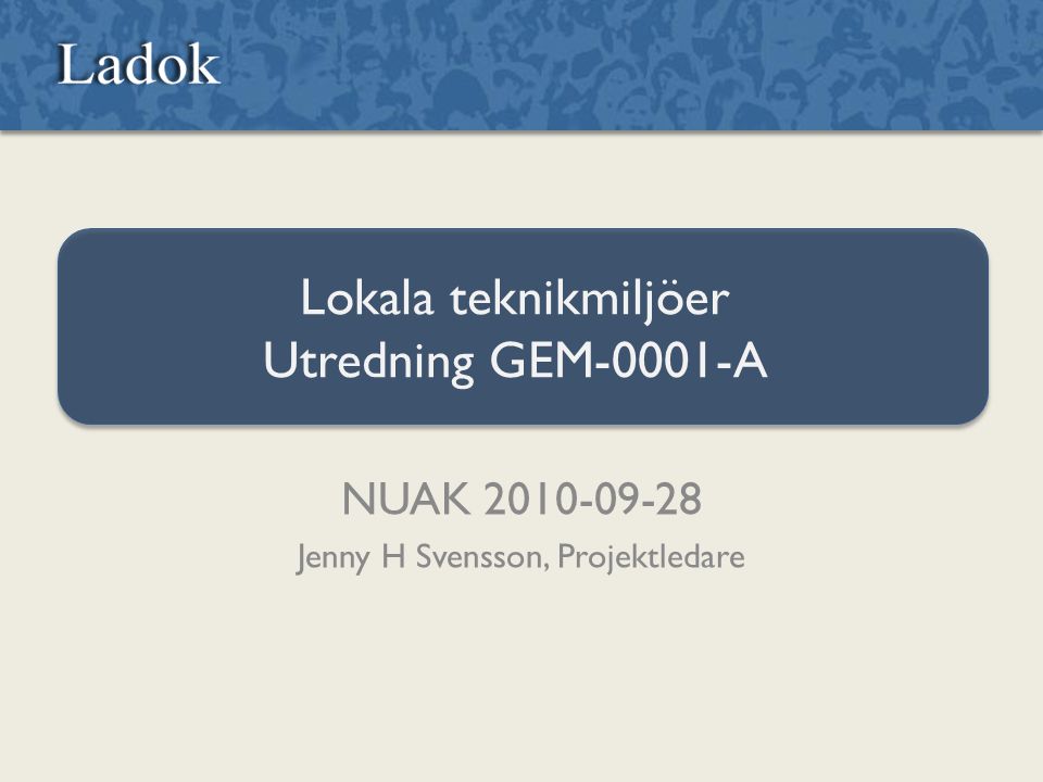 Lokala teknikmiljöer Utredning GEM-0001-A NUAK Jenny H Svensson, Projektledare