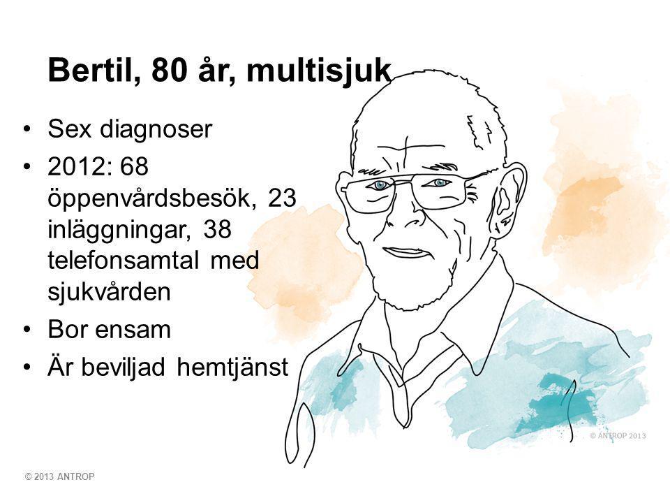 © 2013 ANTROP •Sex diagnoser •2012: 68 öppenvårdsbesök, 23 inläggningar, 38 telefonsamtal med sjukvården •Bor ensam •Är beviljad hemtjänst Bertil, 80 år, multisjuk