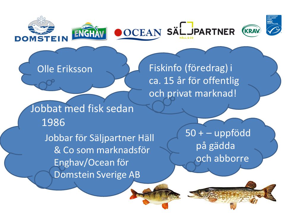 Olle Eriksson Jobbat med fisk sedan 1986 Jobbar för Säljpartner Häll & Co som marknadsför Enghav/Ocean för Domstein Sverige AB 50 + – uppfödd på gädda och abborre Fiskinfo (föredrag) i ca.