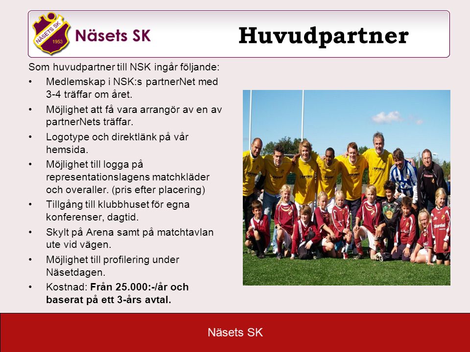 Näsets SK Huvudpartner Som huvudpartner till NSK ingår följande: •Medlemskap i NSK:s partnerNet med 3-4 träffar om året.