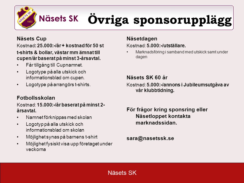 Näsets SK Övriga sponsorupplägg Näsets Cup Kostnad: :-/år + kostnad för 50 st t-shirts & bollar, västar mm ämnat till cupen/år baserat på minst 3-årsavtal.
