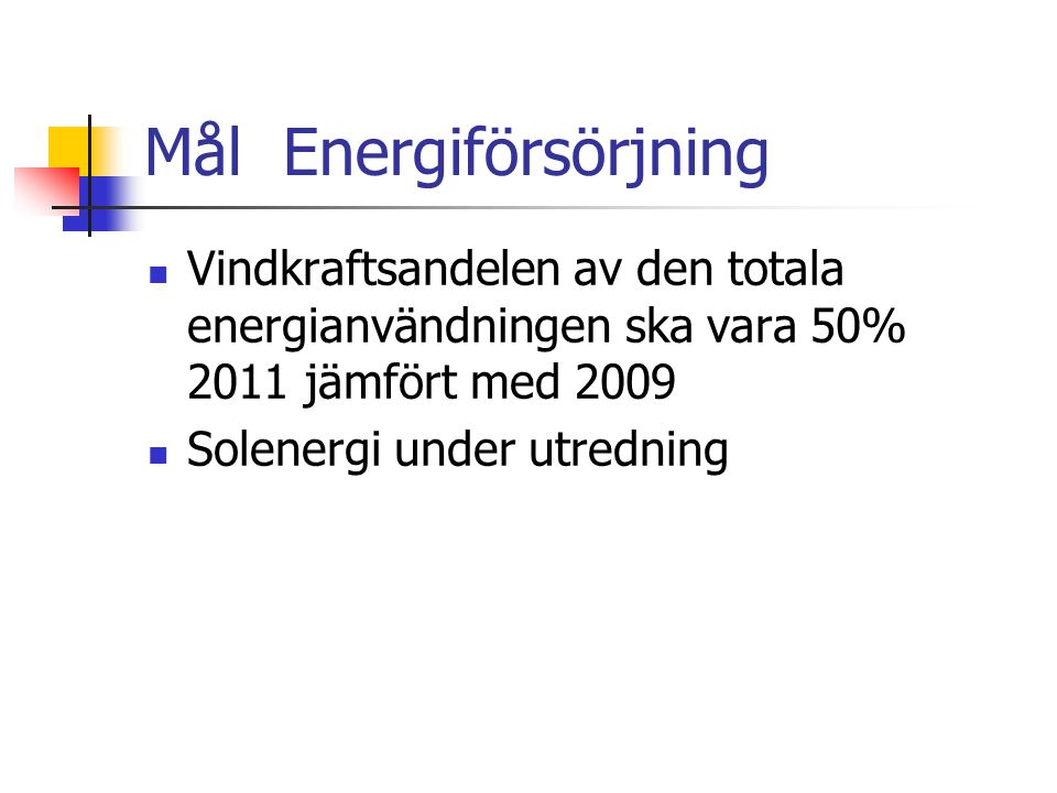 Mål Energiförsörjning  Vindkraftsandelen av den totala energianvändningen ska vara 50% 2011 jämfört med 2009  Solenergi under utredning