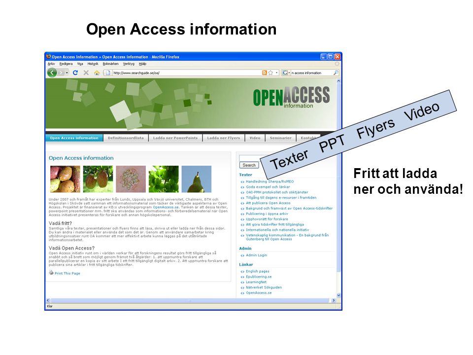 Open Access information Texter PPT Flyers Video Fritt att ladda ner och använda!