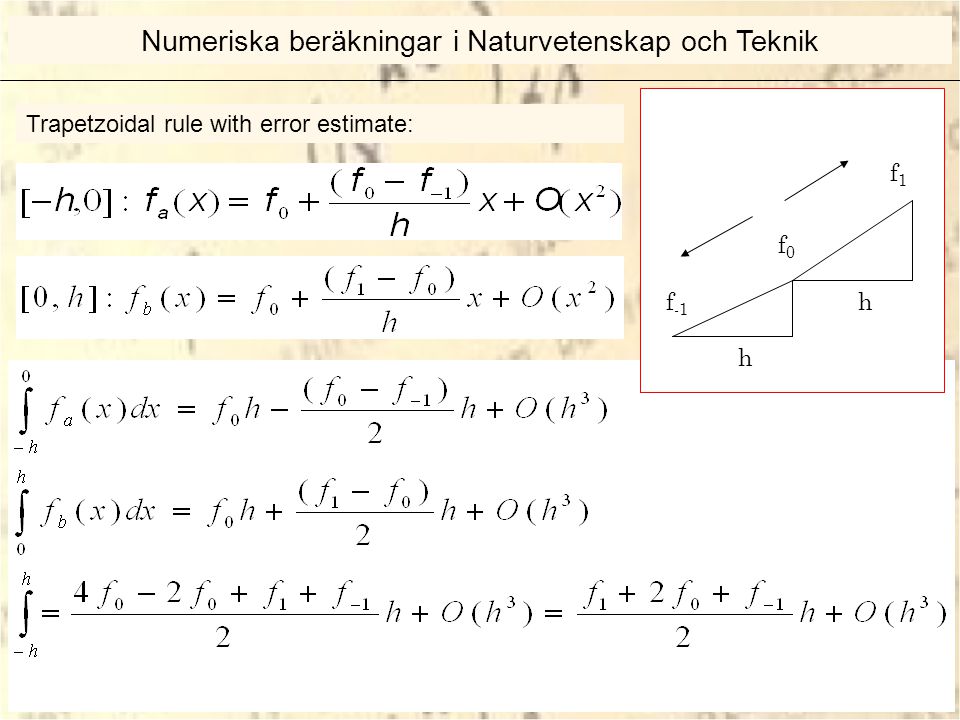 Trapetzoidal rule with error estimate: f -1 f0f0 f1f1 h h Numeriska beräkningar i Naturvetenskap och Teknik