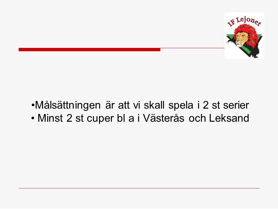 Målsättningen är att vi skall spela i 2 st serier Minst 2 st cuper bl a i Västerås och Leksand