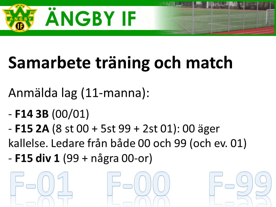 Samarbete träning och match Anmälda lag (11-manna): - F14 3B (00/01) - F15 2A (8 st st st 01): 00 äger kallelse.