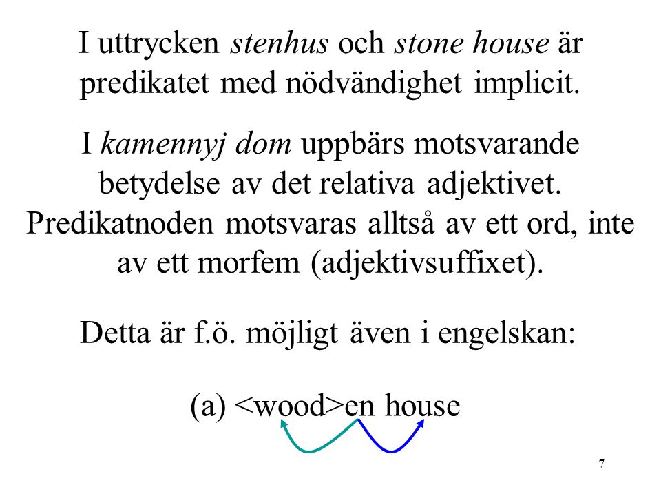 7 I uttrycken stenhus och stone house är predikatet med nödvändighet implicit.